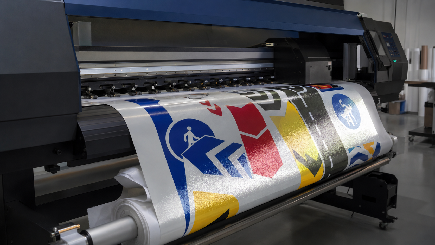 Printable reflective sheeting running through a large-format digital printer.png