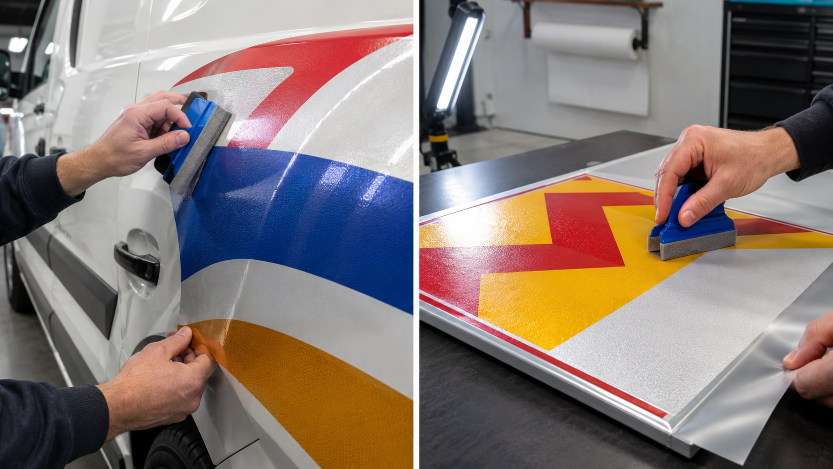 Reflective film installation on curved vehicle and flat sign surfaces.png
