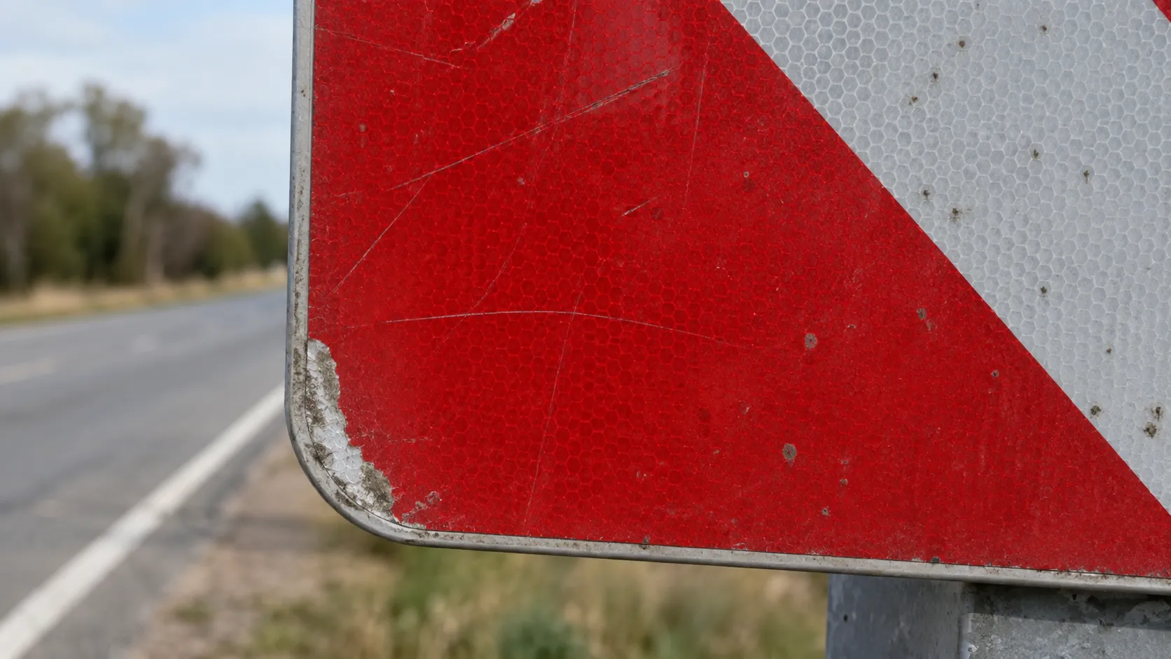 Normal aging and surface wear on reflective traffic sign sheeting.webp