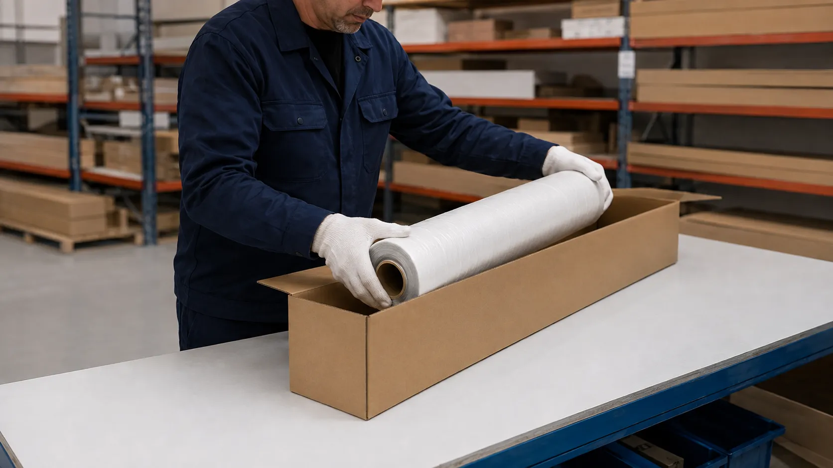 Worker storing a partially used reflective sheeting roll back into its carton.webp