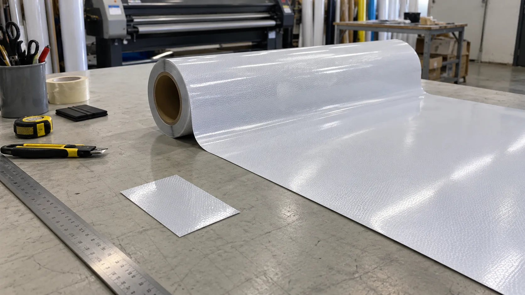 Small reflective sheeting sample and full-width pilot roll for production testing.webp