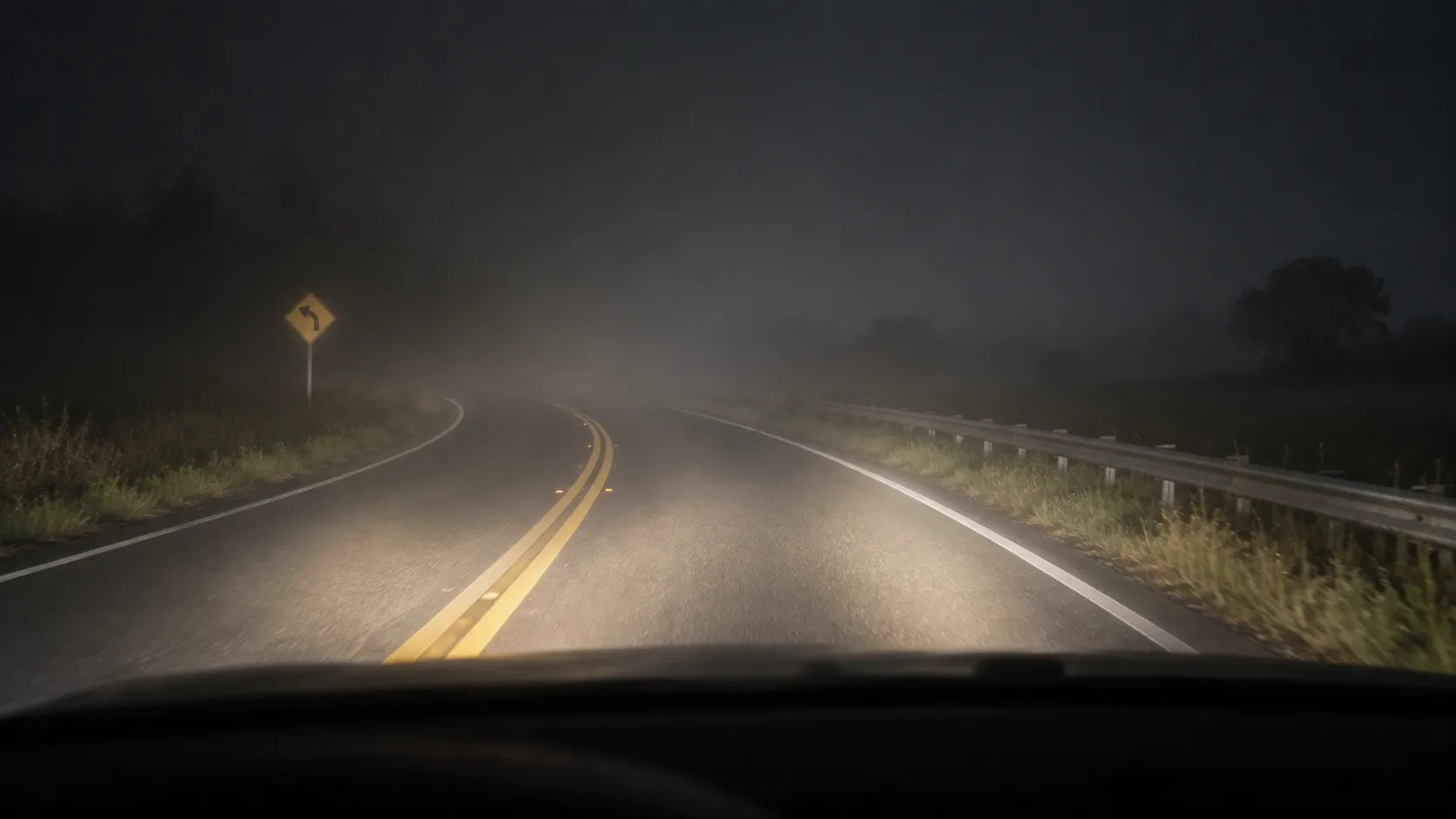 Vehicle headlights scattering through fog on a nighttime road.webp