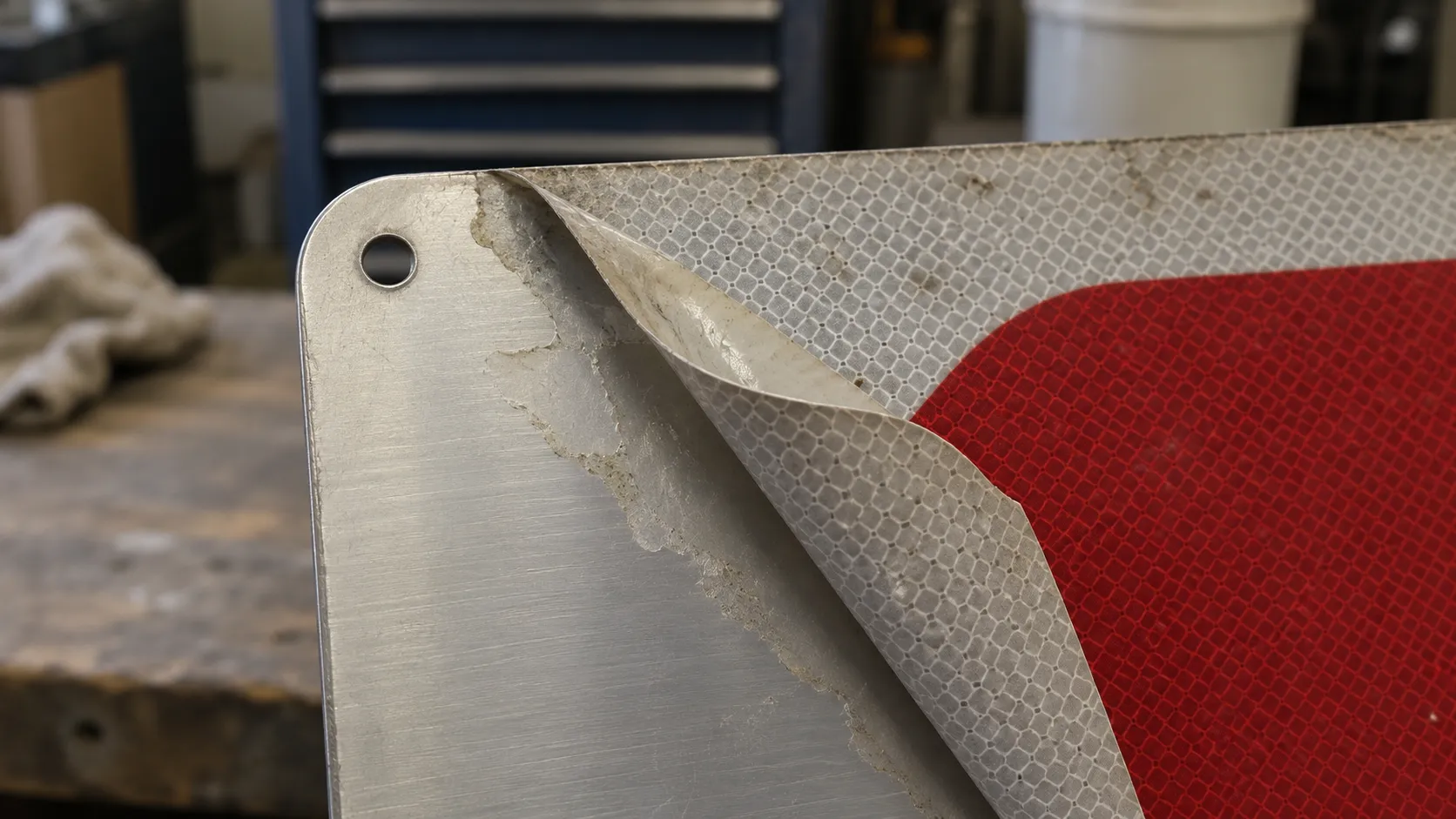 Old reflective sheeting being slowly peeled from an aluminum panel.webp