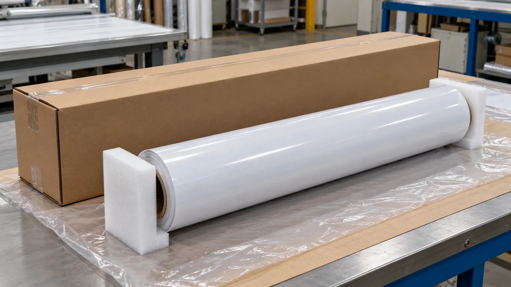 Single reflective sheeting sample roll being packed into an individual shipping carton.webp