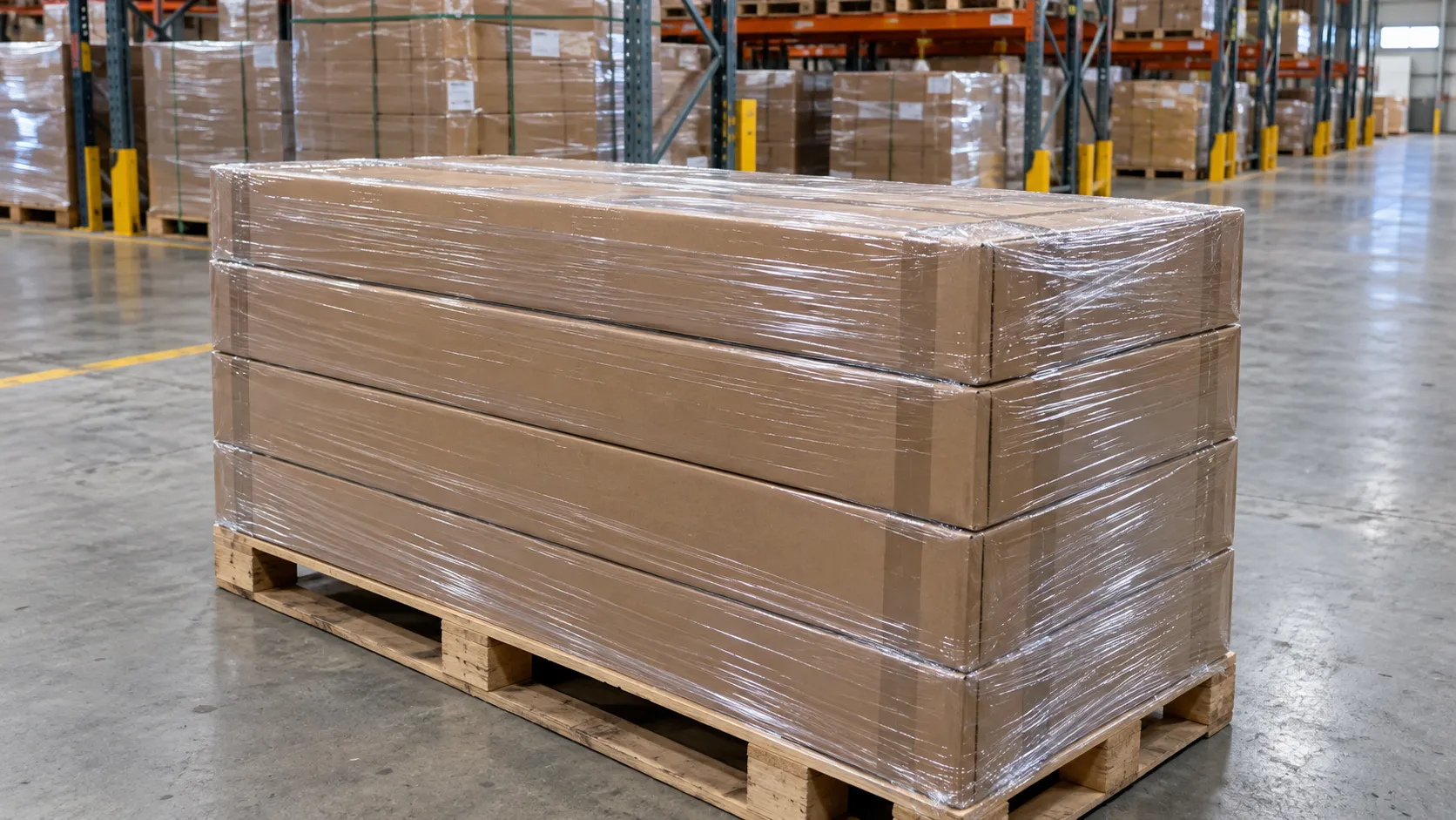 Long rectangular reflective sheeting cartons arranged on a pallet for international shipment.webp