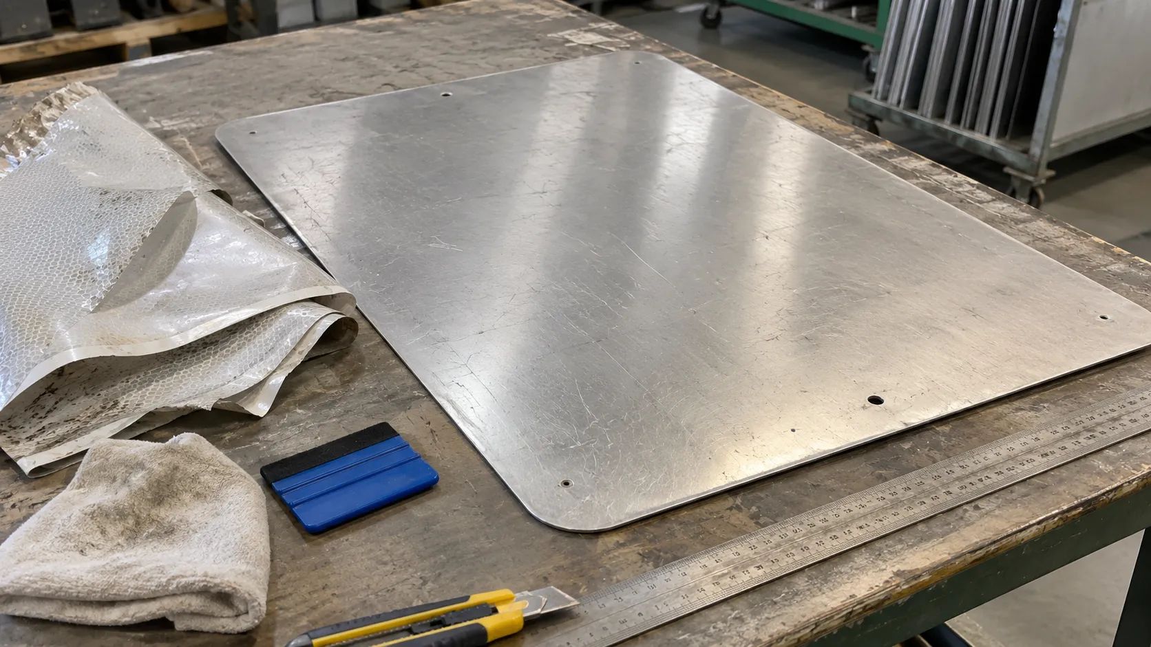 Reusable aluminum traffic sign panel after old reflective sheeting removal.webp