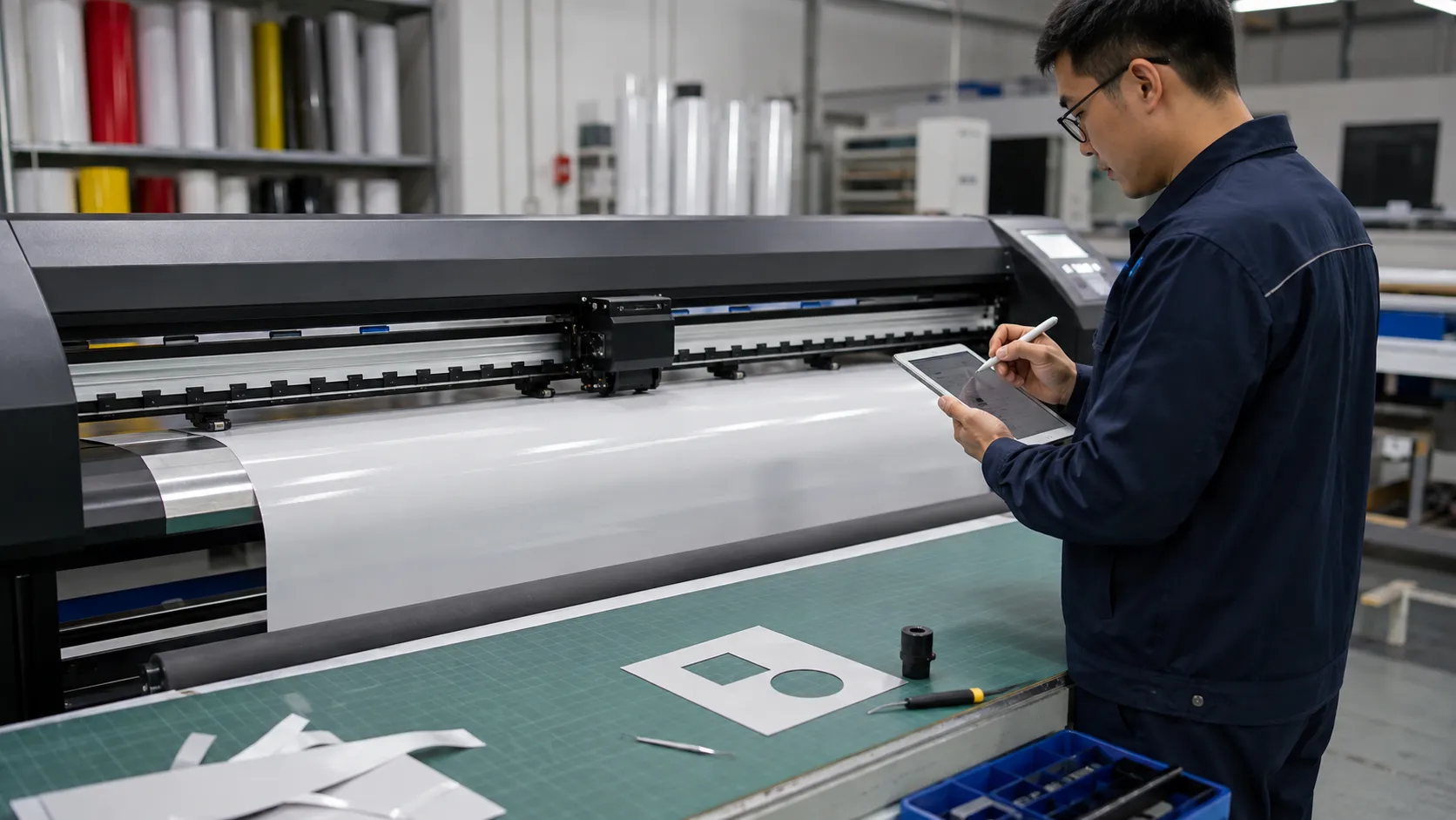 Worker recording reflective sheeting plotter cutting settings.webp