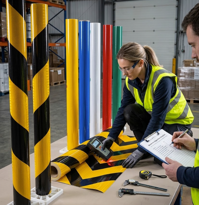 # Trust, Then Measure: A Goods-In Inspection Routine for Reflective Sheeting **A certificate in an email is not an inspection. Here is the routine that catches a wrong lot, a degraded roll or a misma