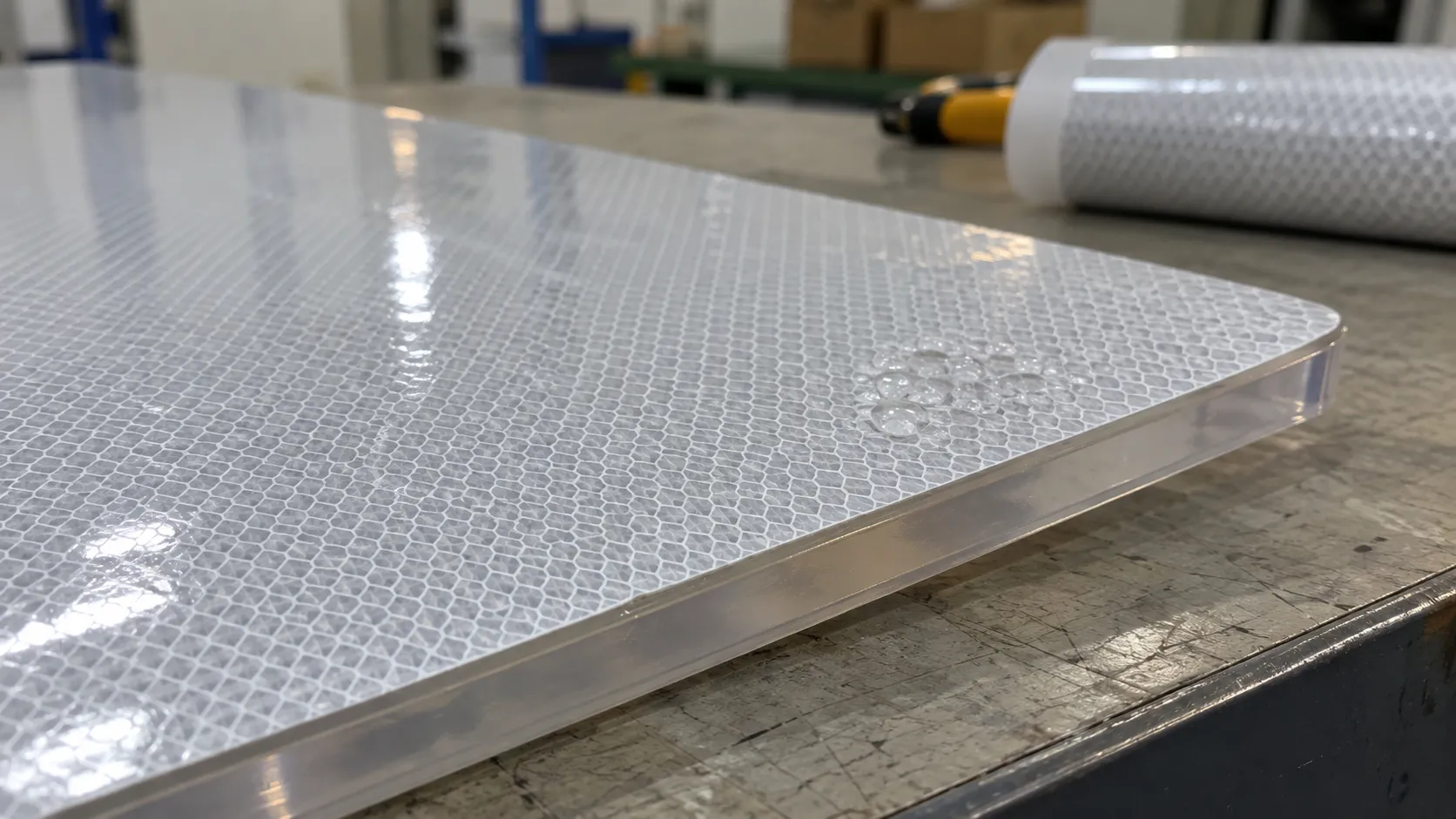 Small bubbles under reflective sheeting applied to a plastic panel.webp