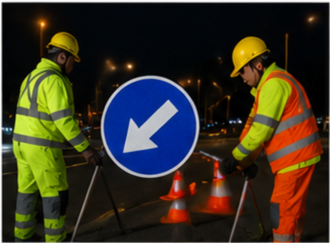 Workers installing reflectiveroad sign at night.png
