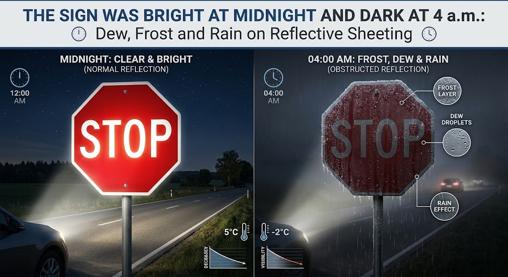 The Sign Was Bright at Midnight and Dark at 4 a.m.: Dew, Frost and Rain on Reflective Sheeting