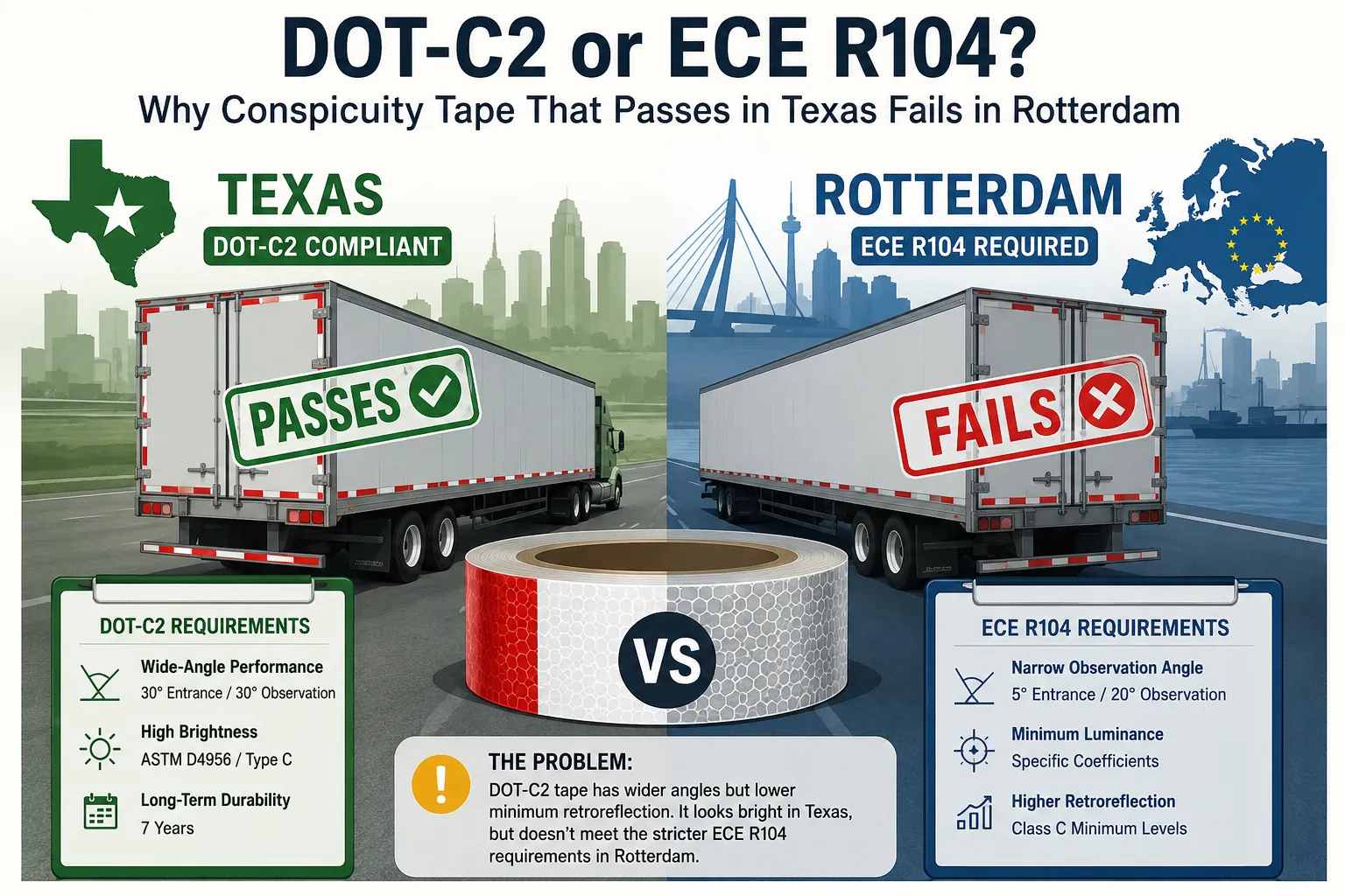 DOT-C2 or ECE R104? Why Conspicuity Tape That Passes in Texas Fails in Rotterdam